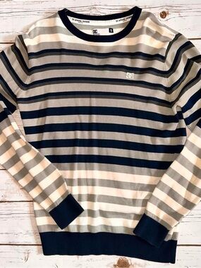 DC Men's Navy, Gray & Cream Striped Crewneck Sweater